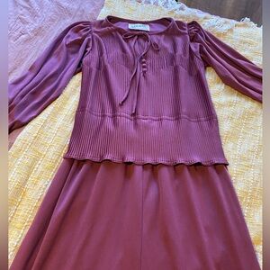 Vintage Leslie Fay tie top prairie dress in rosey mauve